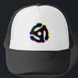 45 RPM Record Adapter Trucker Hat<br><div class="desc">This is a colourful design of a 45 RPM record adapter,  used for vinyl records (IYKYK). It is the classic design of the adapter,  updated with a fun and vibrant glitch effect.  This would make a great gift for any music lover or vinyl record collector from any generation.</div>