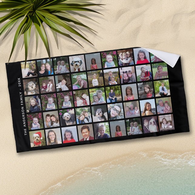 45 Square Photo Collage Grid with Text - black Beach Towel (Personalized Beach Towel - Add Photos and Text)