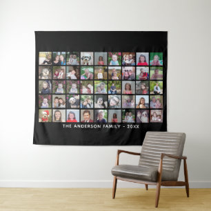 45 Square Photo Collage Grid with Text - black Tapestry
