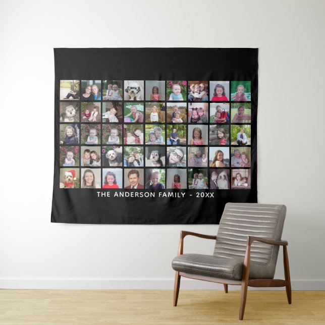 45 Square Photo Collage Grid with Text - black Tapestry (In Situ (Horizontal))