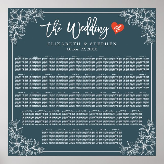 45+ Tables Blue White Floral Wedding Seating Chart (Front)