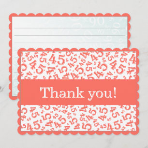 45 "Thank you!" Coral/White Number Pattern Thank You Card