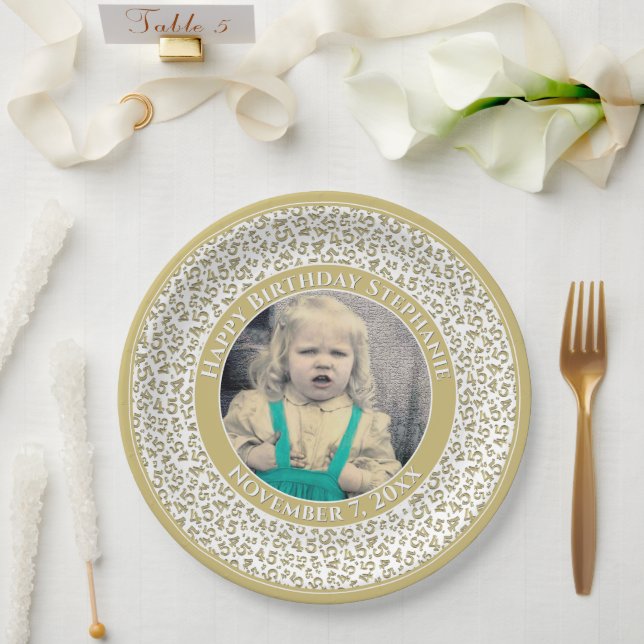 45 Your Photo Random Number Pattern Gold/White Paper Plate (Wedding)