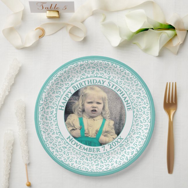 45 Your Photo Random Number Pattern Teal/White Paper Plate (Wedding)