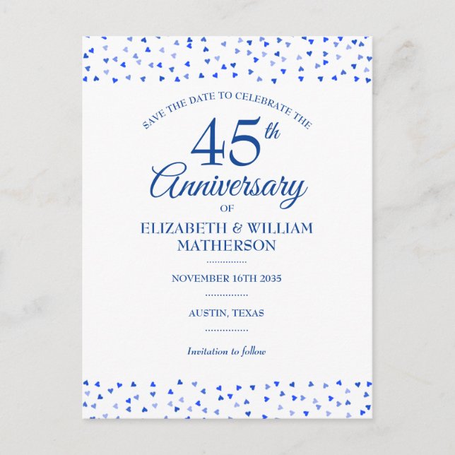 45th 65th Anniversary Love Hearts Save the Date Postcard (Front)