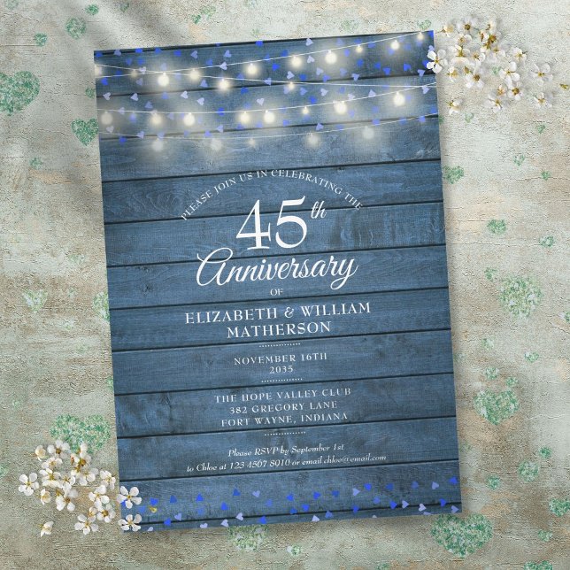 45th 65th Anniversary String Lights Wood Hearts Invitation (45th 65th Anniversary String Lights Wood Hearts Invitation)