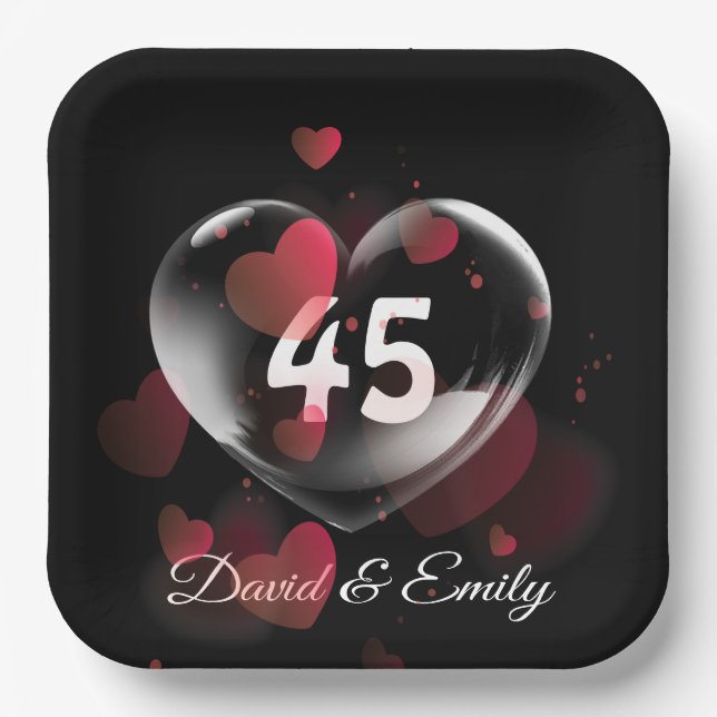 45th Anniversary Heart Bubble With Red Hearts Paper Plate (Front)