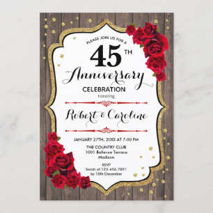 45th Anniversary Invitation - Rustic Wood Gold Red