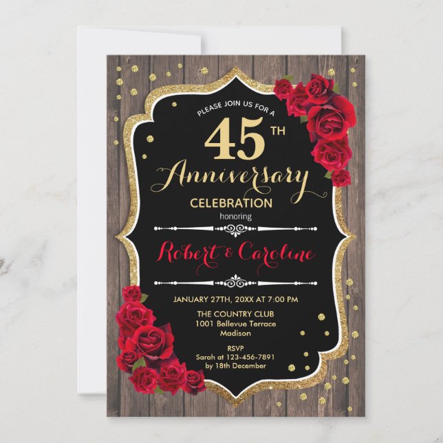 45th Anniversary Invitation - Rustic Wood Red Gold (Front)