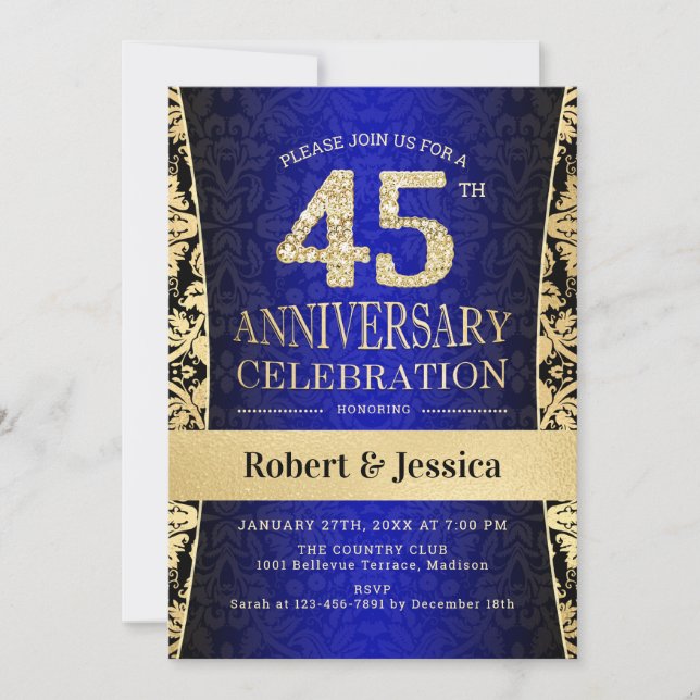 45th Anniversary Party - Blue Gold Invitation (Front)