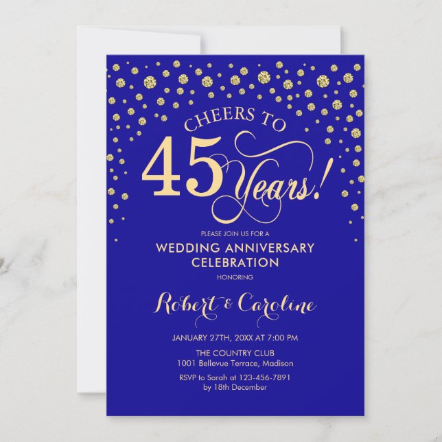 45th Anniversary Party - Sapphire Blue Gold Invitation (Front)