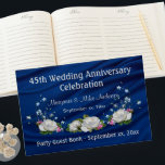 45th Anniversary Sapphire White Roses Custom Guest Book<br><div class="desc">Delightful addition to your 45th wedding anniversary party, guest book is a special personal keepsake for the event. White roses, pink flowers and blue bells on sapphire blue drape with custom names and dates on front, back and spine Personalise in template provided. Check out party supplies with matching design in...</div>