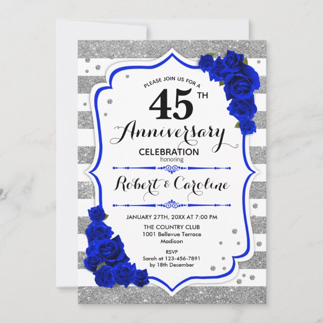 45th Anniversary - Silver White Sapphire Blue Invitation (Front)