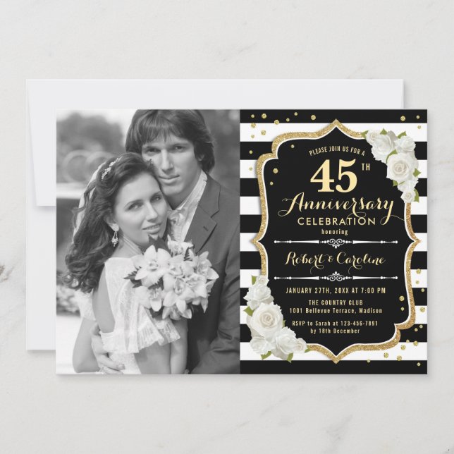 45th Anniversary with Photo - Gold Black Invitation (Front)