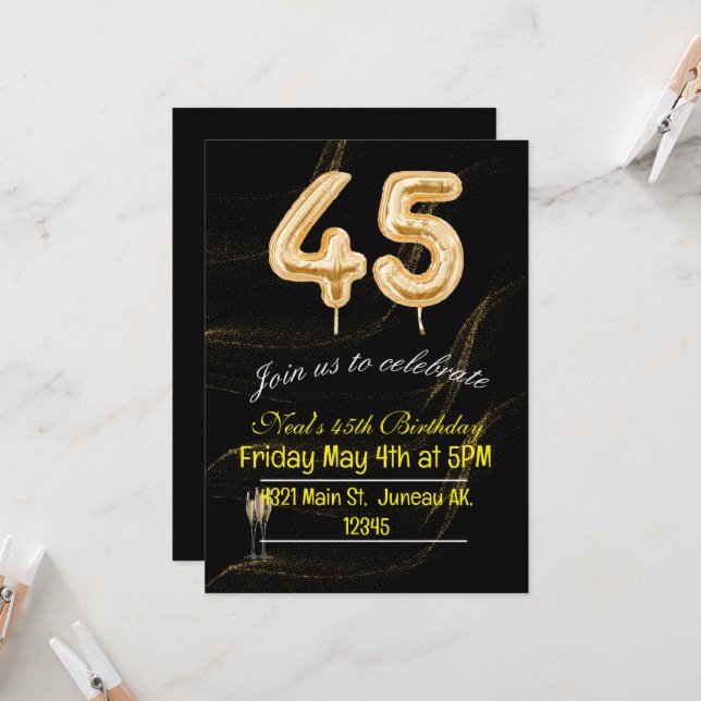 45th Birthday black and gold balloon numbers Invit Invitation (Front/Back In Situ)