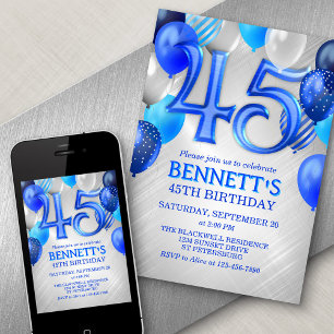 45th Birthday Blue Balloons Invitation