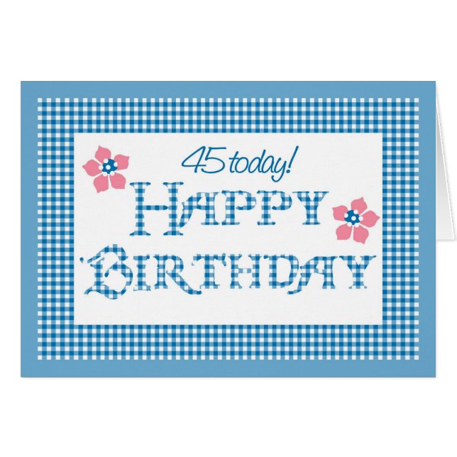 45th Birthday, Blue Check Gingham Pattern (Front Horizontal)
