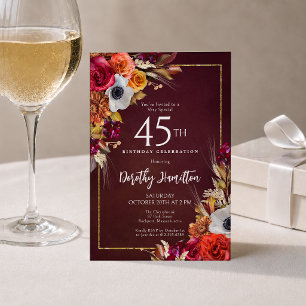 45th Birthday Burgundy Fall Flowers Elegant Script Invitation