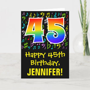 45th Birthday: Colorful Music Symbols + Rainbow 45 Card