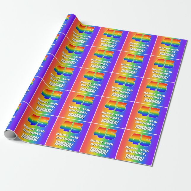 45th Birthday: Colourful, Fun Rainbow Pattern # 45 Wrapping Paper (Unrolled)