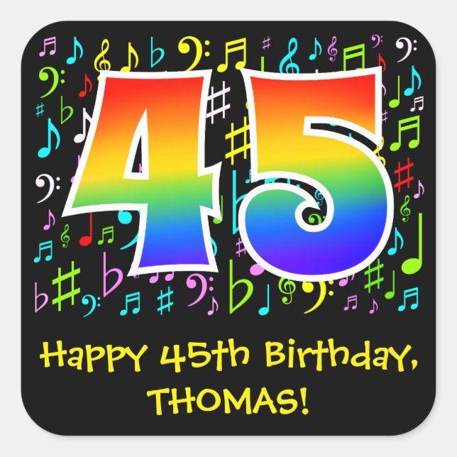 45th Birthday: Colourful Music Symbols, Rainbow 45 Square Sticker (Front)