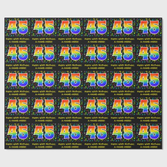 45th Birthday: Colourful Music Symbols, Rainbow 45 Wrapping Paper (Flat)