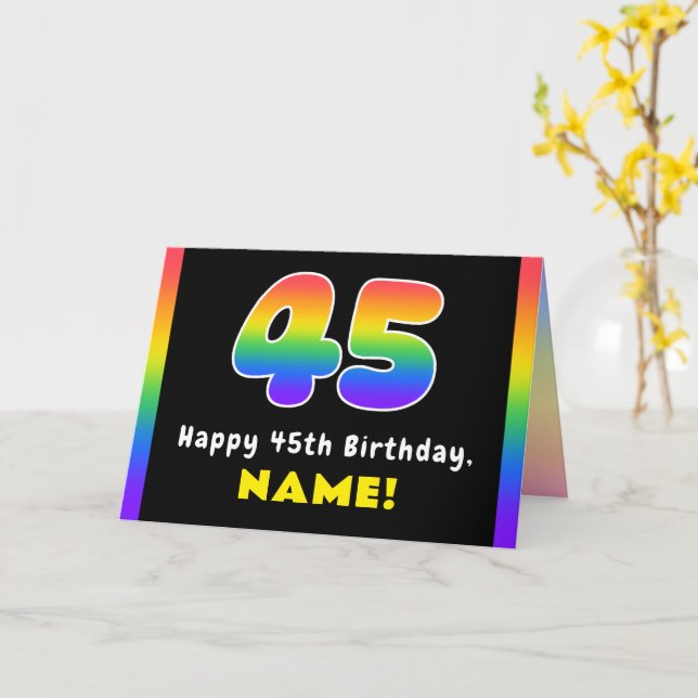 45th Birthday: Colourful Rainbow # 45, Custom Name Card (Yellow Flower)