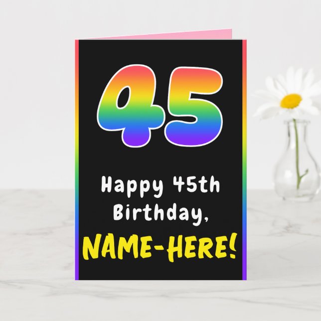 45th Birthday: Colourful Rainbow # 45, Custom Name Card (Small Plant)