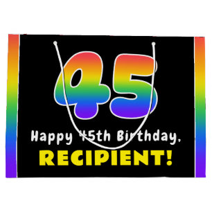 45th Birthday: Colourful Rainbow # 45, Custom Name Large Gift Bag