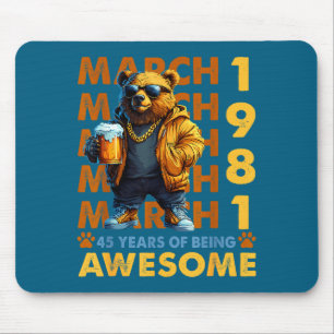 45Th Birthday Cool Bear March Graphic Art Mouse Pad