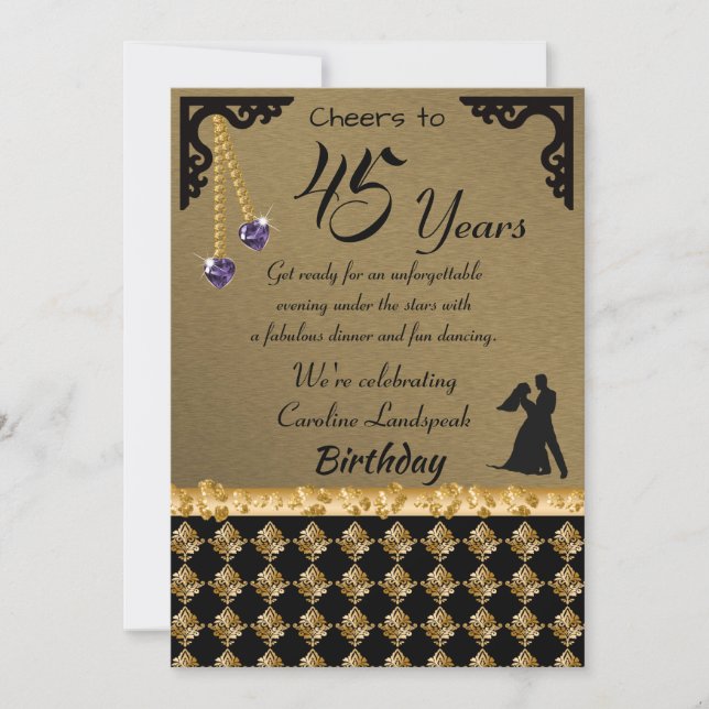 45th Birthday Dance Party Purple Heart Gem Damask Invitation (Front)