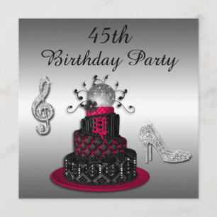 45th Birthday Disco Diva Cake and Sparkle Heels Invitation