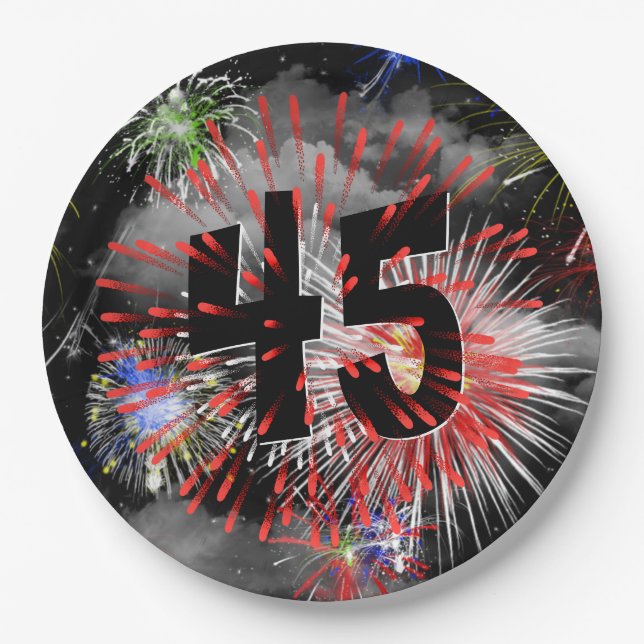45th Birthday Fireworks In Clouds Paper Plate (Front)