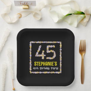 45th Birthday: Floral Flowers Number, Custom Name Paper Plate