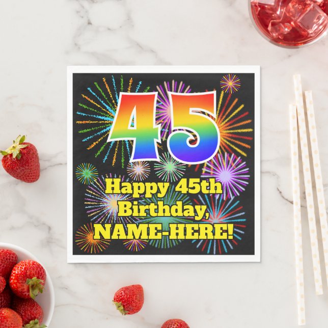 45th Birthday: Fun Fireworks Pattern + Rainbow 45 Napkin (Insitu)