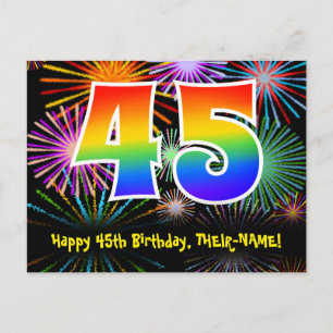 45th Birthday – Fun Fireworks Pattern + Rainbow 45 Postcard