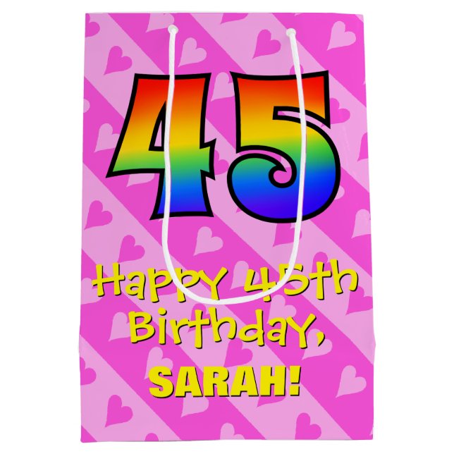45th Birthday: Fun Pink Hearts Stripes; Rainbow 45 Medium Gift Bag (Back)