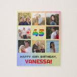 45th Birthday: Fun Rainbow #, Custom Name & Photos Jigsaw Puzzle<br><div class="desc">This fun and upbeat birthday themed jigsaw puzzle design features the number “45“ with a multicolored rainbow spectrum inspired gradient pattern, along with the message “HAPPY 45th BIRTHDAY, ” and a custom recipient name. The background also features a rainbow spectrum inspired gradient pattern, consisting of various shades of light pastel...</div>