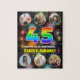 45th Birthday: Fun Rainbow #, Custom Name + Photos Jigsaw Puzzle