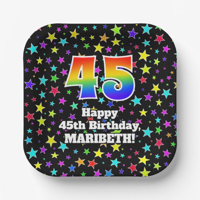 45th Birthday: Fun Stars Pattern and Rainbow “45” Paper Plate (Front)