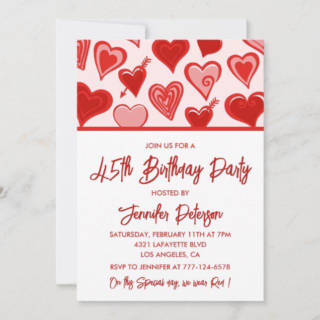 45th birthday invitations Red Pink Hearts (Front)
