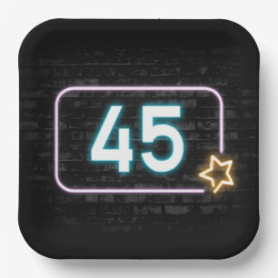 45th Birthday Neon Sign On Brick  Paper Plate