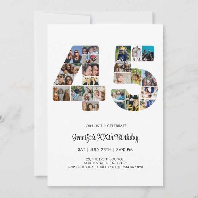 45th Birthday Number 45 Custom Photo Collage Invitation (Front)