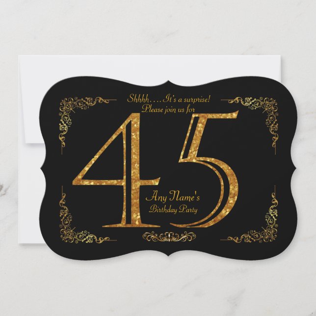 45th,Birthday party 45th,great Gatsby,black & gold Invitation (Front)