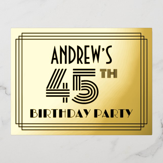45th Birthday Party ~ Art Deco Style “45” + Name Foil Invitation Postcard (Front)