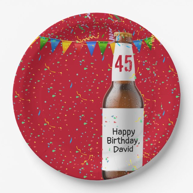 45th Birthday Party Beer Bottle Paper Plate (Front)