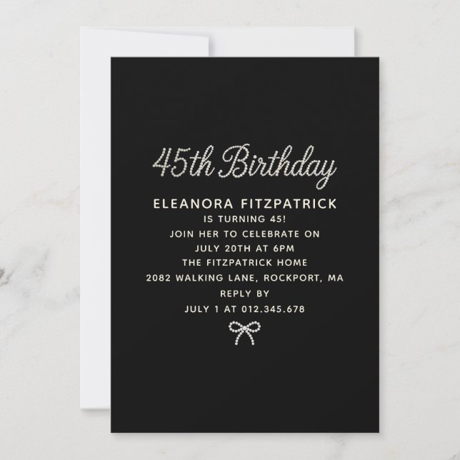 45th Birthday Party Black White Pearl Script Bow Invitation (Front)