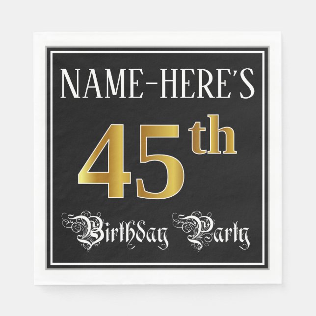 45th Birthday Party — Fancy Script, Faux Gold Look Napkin (Front)