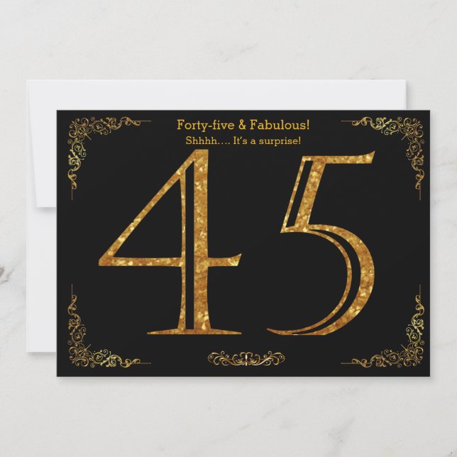 45th Birthday party,Gatsby styl,black gold glitter Invitation (Front)