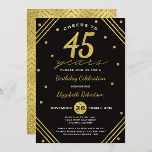 45th Birthday Party Invitation, Cheers, Faux Gold Invitation